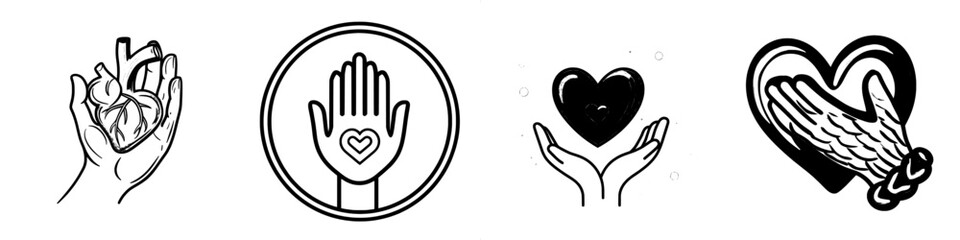 A thin outline icon of a human hand on a heart symbol. This line sign represents gestures of charity, love, care, and healthcare. It's a modern isolated pictogram on a white background.
