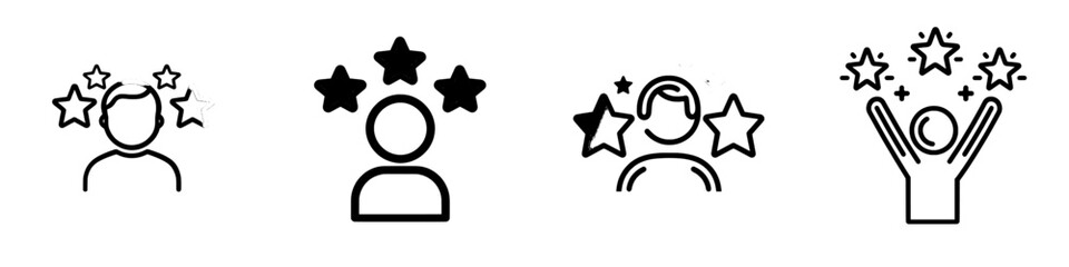 **Outline icons representing talent acquisition, employee awards, customer satisfaction, and success. A line sign with three stars near a human figure. Modern, isolated web pictograms on a white