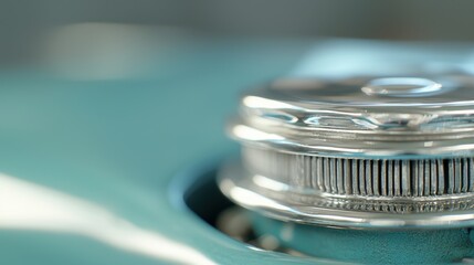 A close-up image of a shiny metallic knob against a turquoise background, showcasing intricate details and textures.