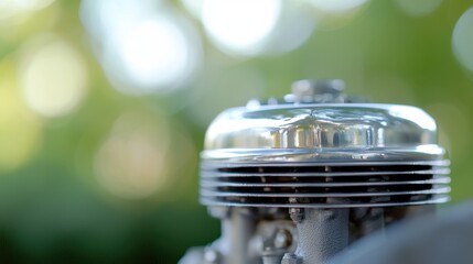 A close-up of a shiny engine part with a blurred green background, showcasing intricate details and craftsmanship in mechanical engineering.