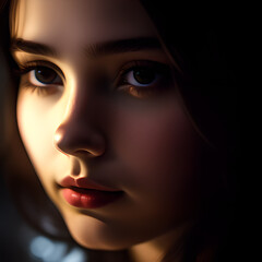Close-up of a young girl in a yellow dress, smirking playfully with sparkling blue eyes, set against a blurred background.generative ai