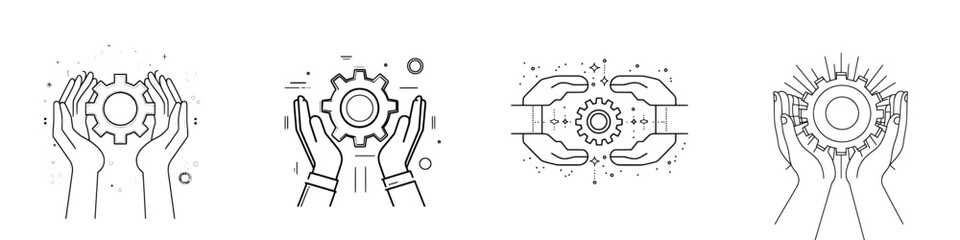 Simple icon representing an easy operation process, maintenance, and engineering. A line sign of two hands holding a gear or cogwheel. Modern, isolated pictogram for web use on a white background