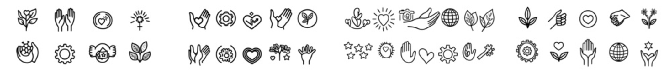 Obraz premium Illustrations of hand gestures holding hearts, arrows, gears, a human symbol, a planet, a star, and a light bulb. Line icons of human palms and arms. A modern icon set for web and app use, in outline