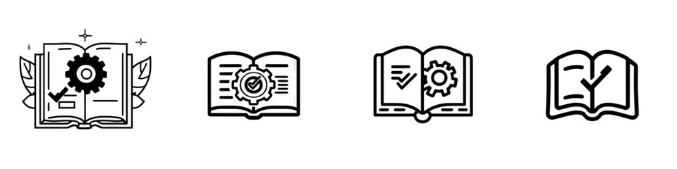 The learning process, library knowledge, school education, and wisdom are represented by an outline icon of an open book and gear. These modern, isolated pictograms for web and app use have an
