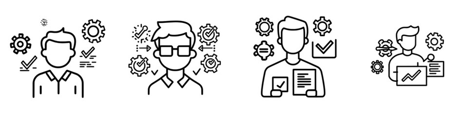 Simple process management, maintenance customization, engineering outline icon. Line icon of a man holding a gear or cogwheel. Modern, isolated pictogram for web and app, with editable stroke on a