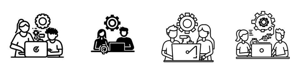 Partnership community, team training, and teamwork development icon. Line symbol of two people with a gear. Modern isolated pictograms for web and app on a white background, editable stroke.