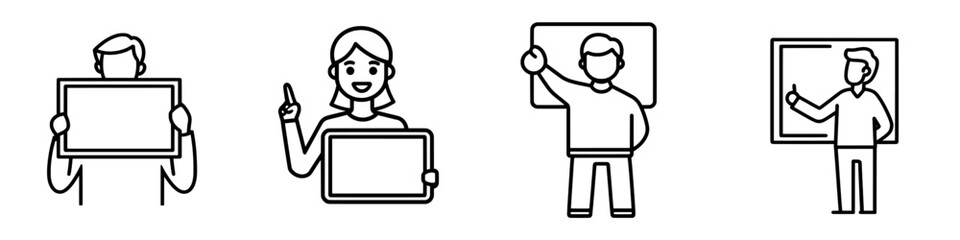 Icon depicting a business presentation, a lesson, a training session, or a speaker outline. It features a man teacher standing by a board, designed for modern web and app use with an editable stroke