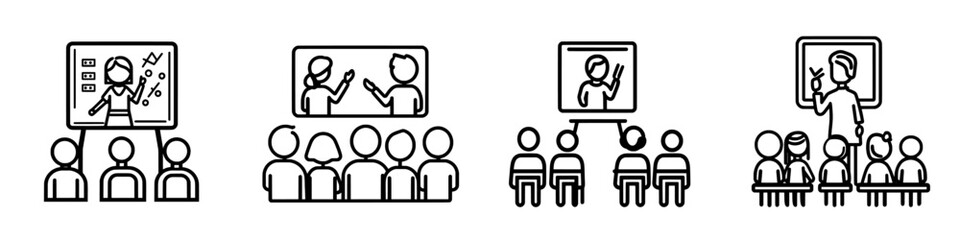 Fototapeta premium A learning lesson, training session, business presentation, and outline icon. A line sign depicting a teacher addressing a group of students. A modern, isolated pictogram for web and app use on a