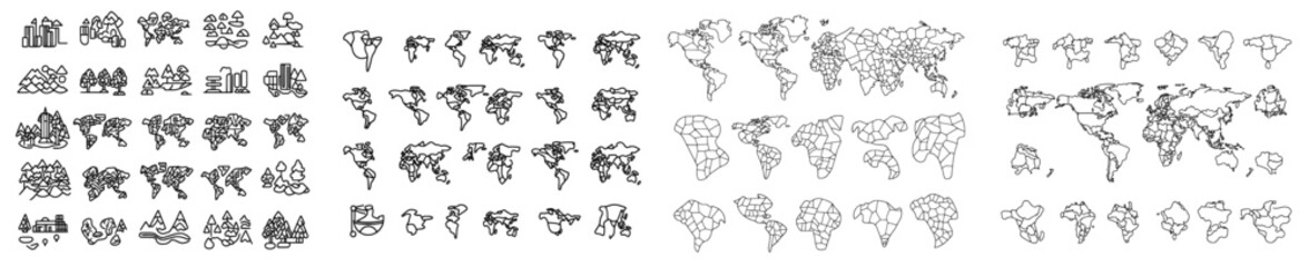 A collection of 20 linear-style maps showcasing various countries, including England, America, Asia, and Europe. These isolated outline icons are ideal for atlases, cartography, educational projects,