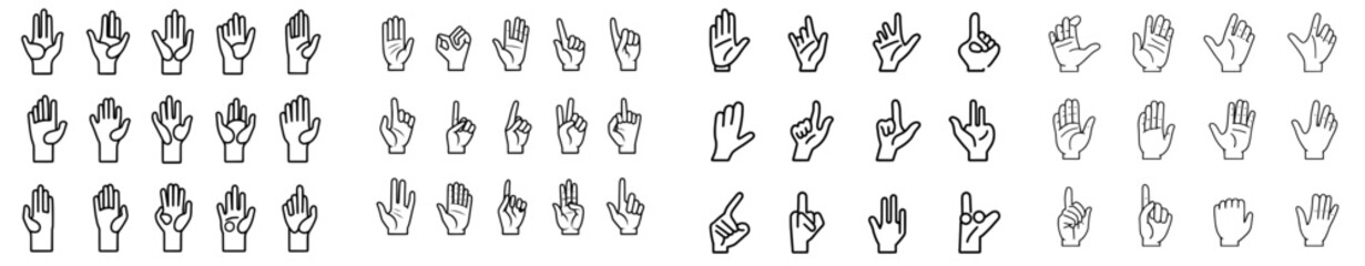 A large collection of line icons depicting human hands with various gestures. 20 monochrome linear web graphics. Outlined symbols of hand gestures representing business, friendship, love, language,