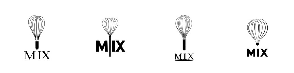 A black flat icon of a whisk kitchen utensil. An egg beater graphic emblem on a gray background. A culinary symbol. A modern illustration.
