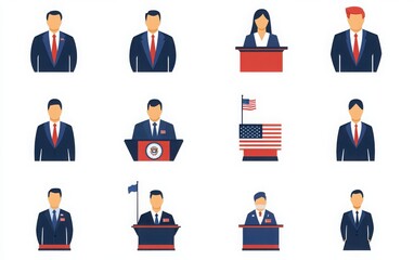 A collection of flat vector icons showing an American politician at the podium in formal attire, with red tones for their tie and flags, and blue for their suit or dress. 