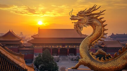 Majestic Golden Dragon Statue at Sunset