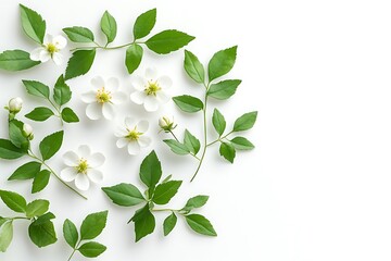 White flowers and green leaves arranged on white background.