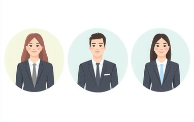 Round avatar icons with business people in suits or office worker attire, both men and women, created in modern flat design style. 