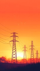 Vector illustration of a power grid, high-voltage lines, and pylons at sunset