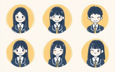 Simple and cute round illustrations of high school students, wearing uniforms with ties and smiling expressions, in a Japanese-inspired design. 