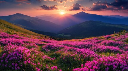 Majestic sunrise illuminating blooming rhododendrons in mountain valley