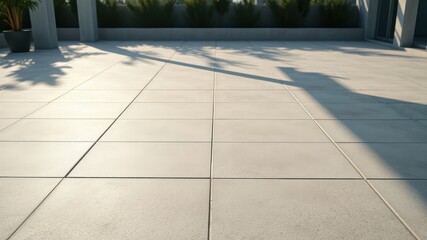 Sunlight illuminates a modern outdoor patio with light beige square tiles and subtle shadows cast by nearby vegetation