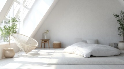 Serene Minimalist Bedroom Design: Bright Attic Space with White Bed, Woven Chair, and Natural Light