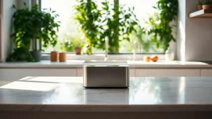 Modern kitchen appliance on a sleek countertop, bathed in sunlight filtering through a window with lush greenery