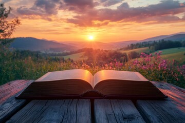 Open book receiving sunlight at sunset in a beautiful landscape