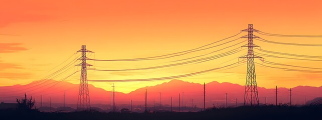 Vector illustration of a power grid, high-voltage lines, and pylons at sunset