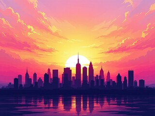 Obraz premium Stunning City Skyline at Sunset with Vibrant Colors and Silhouettes