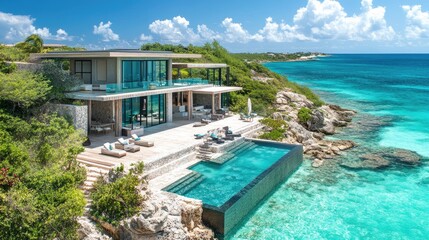 Fototapeta premium Luxurious cliffside villa overlooking turquoise ocean with infinity pool