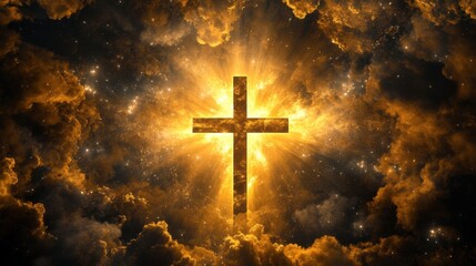 Fototapeta premium Glowing Cross in Dramatic Clouds with Radiant Light Effect
