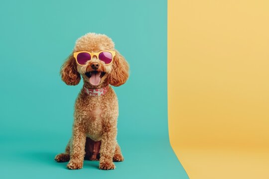A cheerful poodle wearing sunglasses poses against a vibrant backdrop of teal and yellow, exuding a playful and stylish vibe.