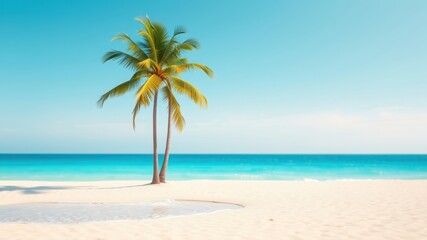 Obraz premium Serene Tropical Beach Scene Two Palm Trees on White Sand, Azure Ocean