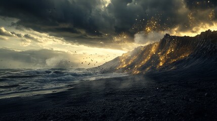 Eruption of light and energy coastal cliff digital art dramatic atmosphere wide angle surreal landscape