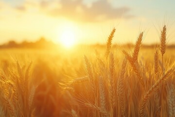 Naklejka premium Golden wheat field gently swaying in the warm sunset glow