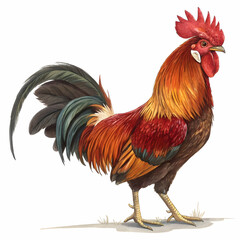 Fototapeta premium Majestic rooster with vibrant feathers standing proud on a white background