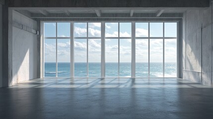Fototapeta premium Ocean View Loft: Minimalist Seascape from a Concrete Room