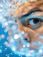 Close-up of a person's eye partially submerged in water, surrounded by bubbles.
