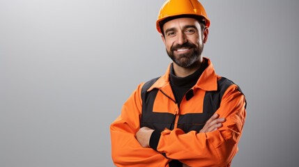 A close-up of a worker in an orange safety jacket and helmet, smiling confidently with arms crossed, set against a crisp white backdrop