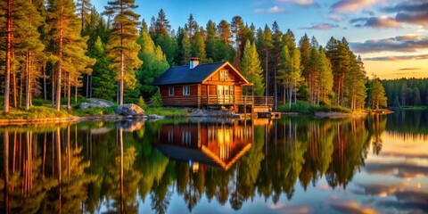 Fototapeta premium Find serenity in a picturesque Scandinavian lake cabin; stunning nature, Nordic design, and towering trees create a peaceful retreat.