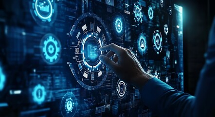 Hand interacting with a futuristic digital interface showing various data points and icons.