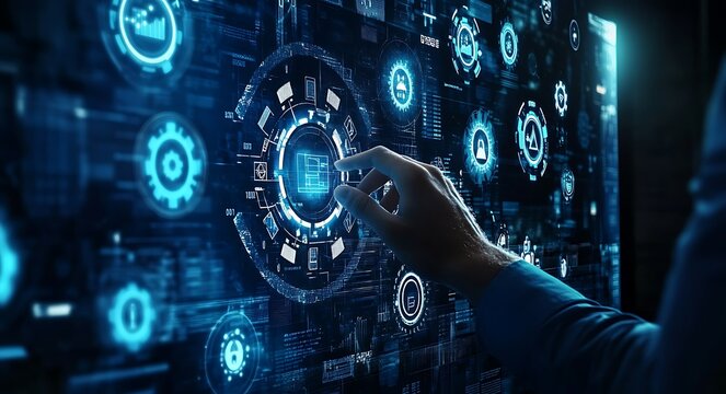 Hand interacting with a futuristic digital interface showing various data points and icons.