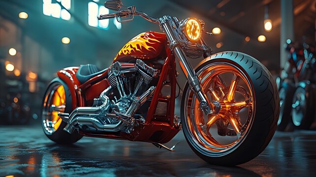 Red custom chopper motorcycle with flame paint job in garage.