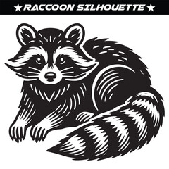 raccoon silhouette black and white vector illustration. Forest animal vector. 