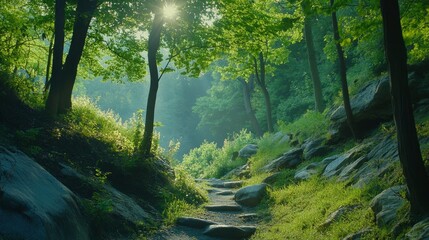 Fototapeta premium Sunlit Forest Path Winding Through Rocky Terrain