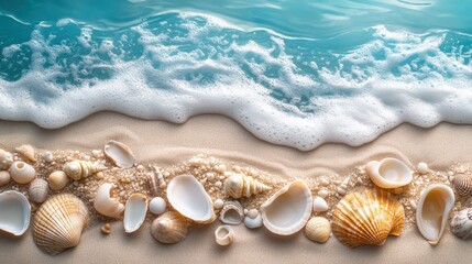 A peaceful close-up of smooth sand scattered with seashells, with the serene ocean waves gently lapping at the shore.