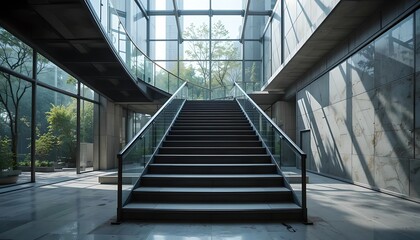 Fototapeta premium A contemporary staircase with a glass railing, bathed in natural light streaming through large windows,