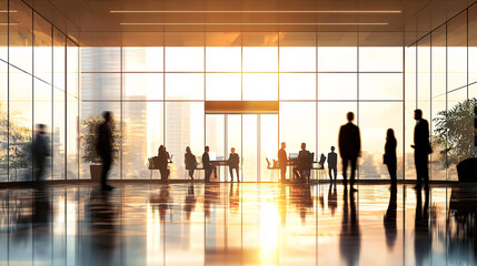 Defocused abstract background featuring a modern meeting room with natural light and a professional team collaborating. Ideal for business and corporate visuals.
