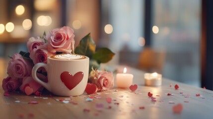 Fototapeta premium Romantic coffee setting with roses and heart-shaped latte art during an intimate evening