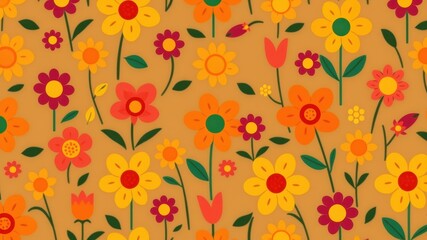 Fototapeta premium Vibrant Retro Floral Pattern with a Mix of Orange, Yellow, and Burgundy Flowers on a Warm Brown Background
