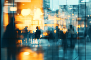 Defocused abstract background featuring a modern meeting room with natural light and a professional team collaborating. Ideal for business and corporate visuals.
